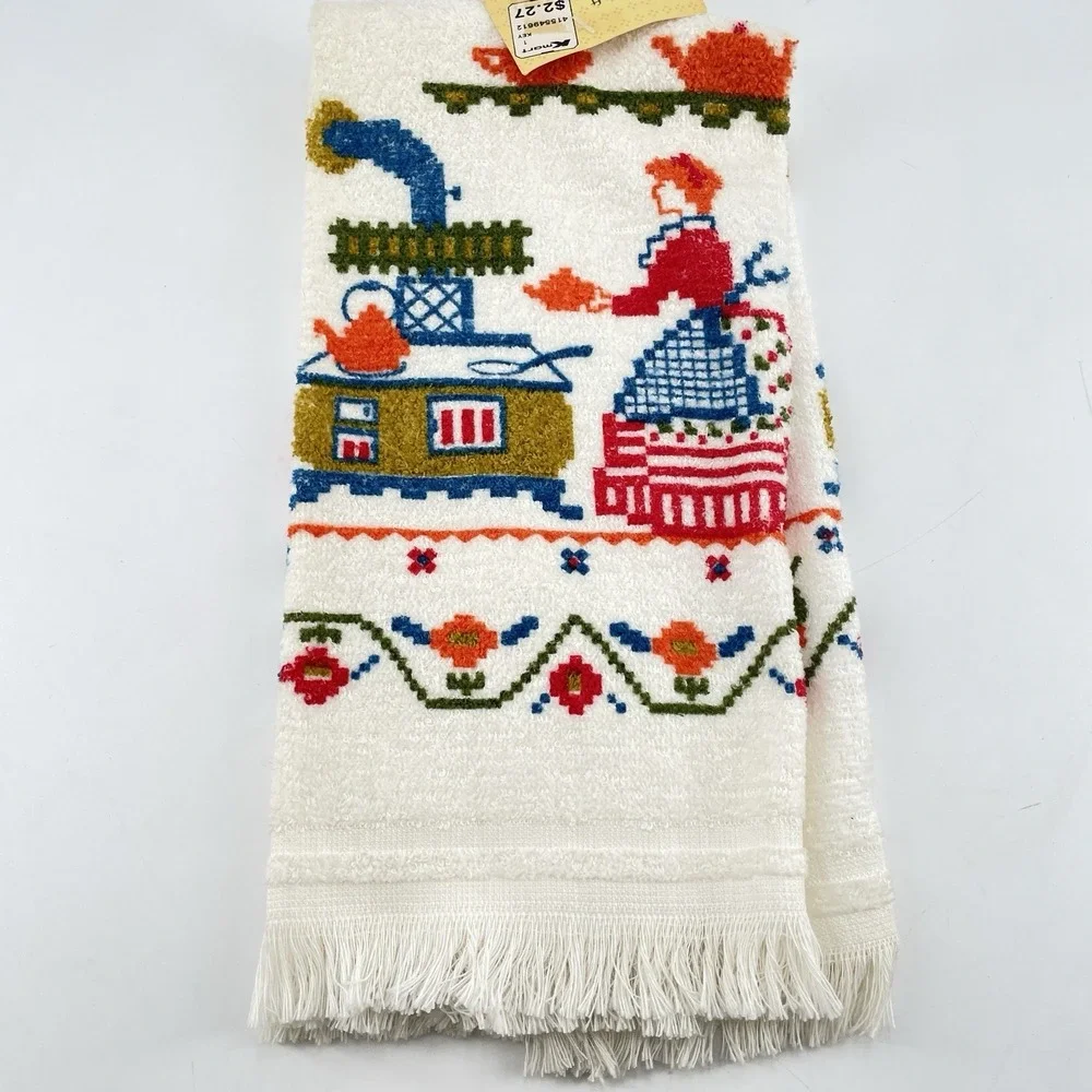 VTG 1970 Excello Kitchen Towel Colonial Kitchen Americano Women Cast‎ Iron Stove